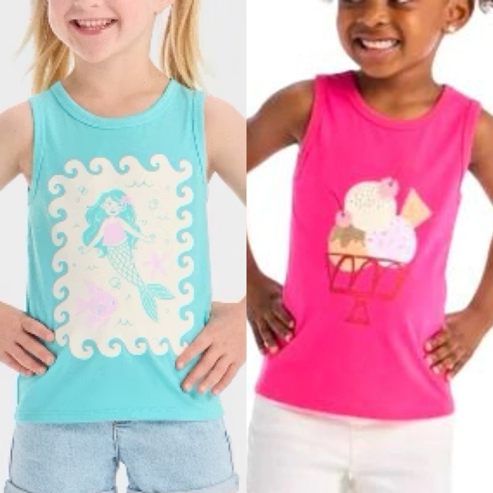 Lot of 2 Cat &Jack Girls 18M Sleeveless Tank Top Set Mermaid Ice Cream Pink Blue